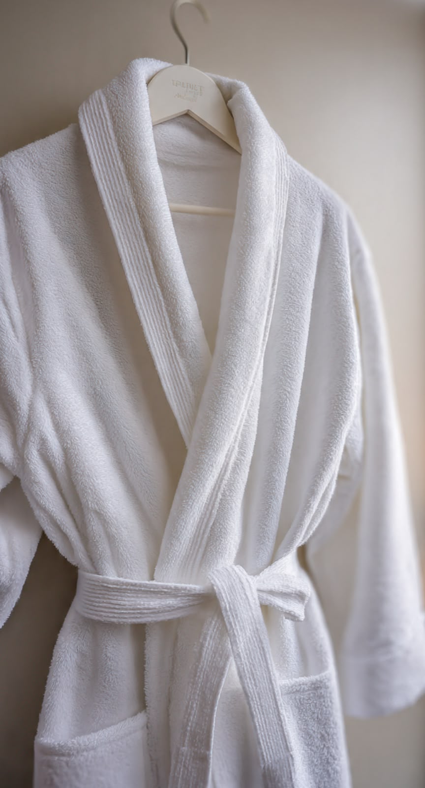 White terry spa robe collar detail on hanger