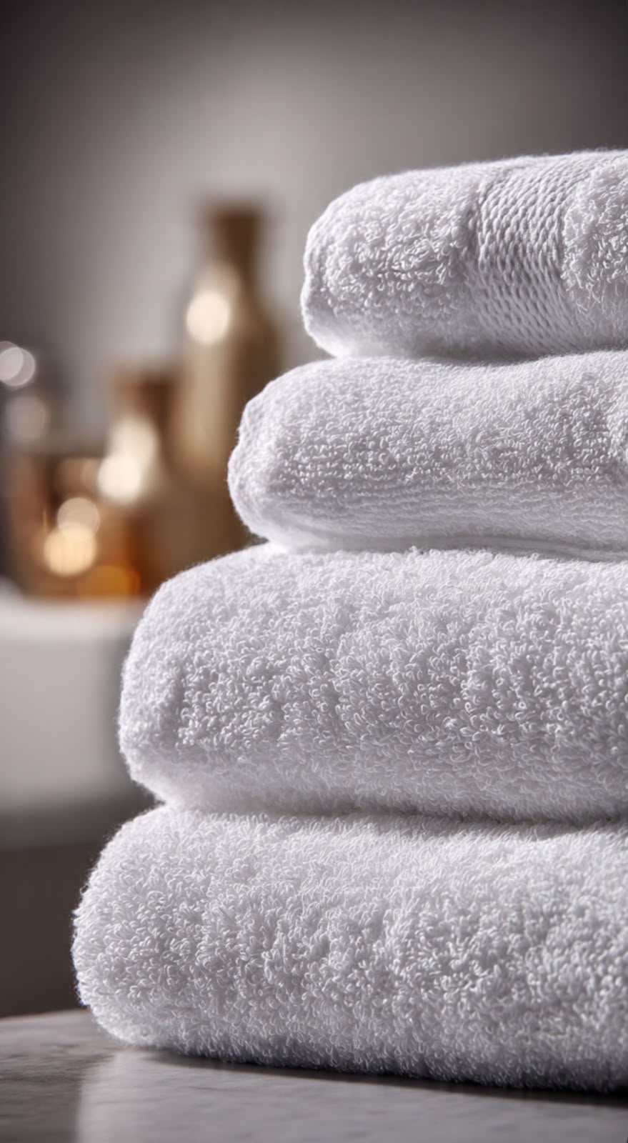 Stacked luxury cotton bath towels with spa background