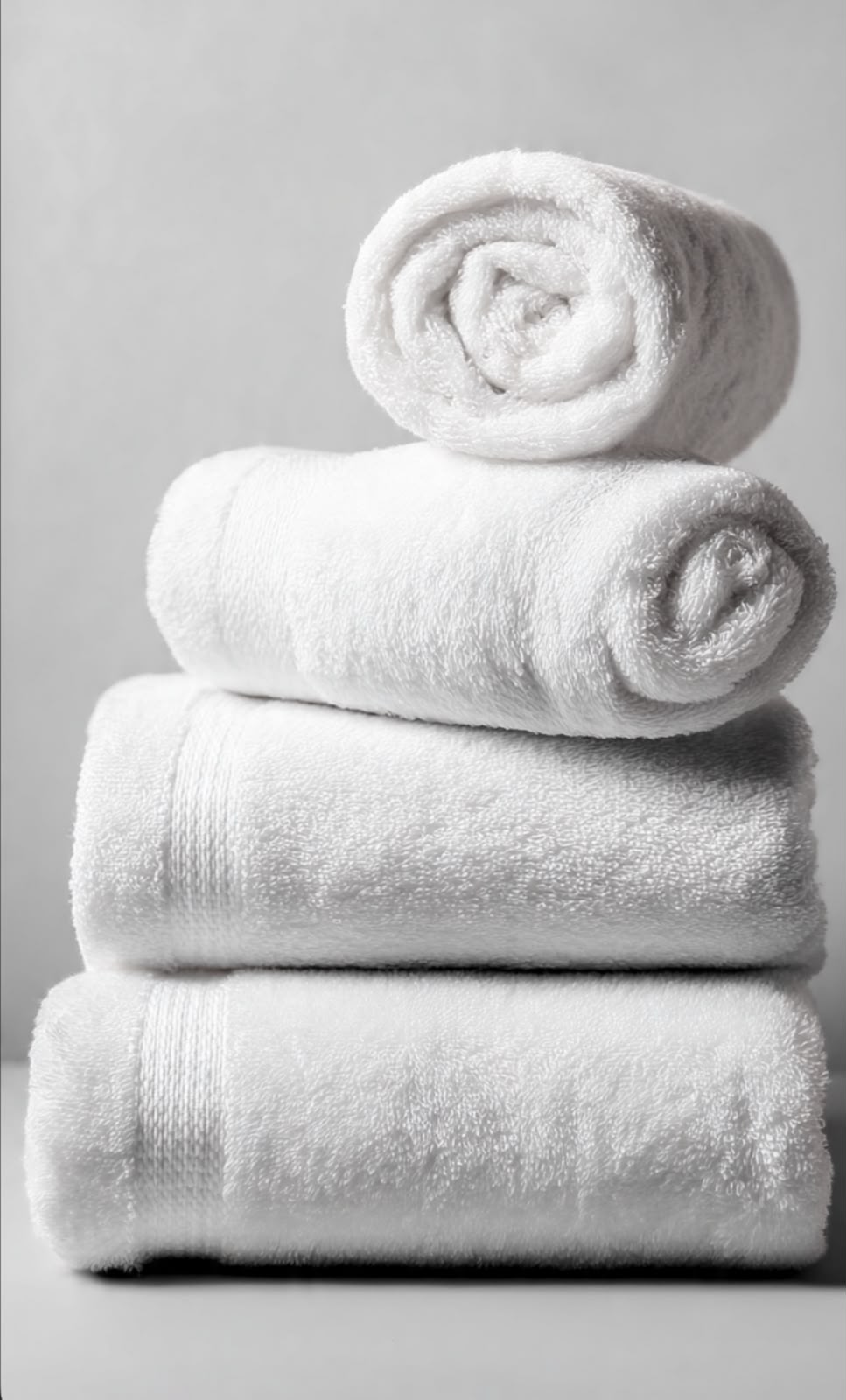 Rolled and folded white cotton pool towels